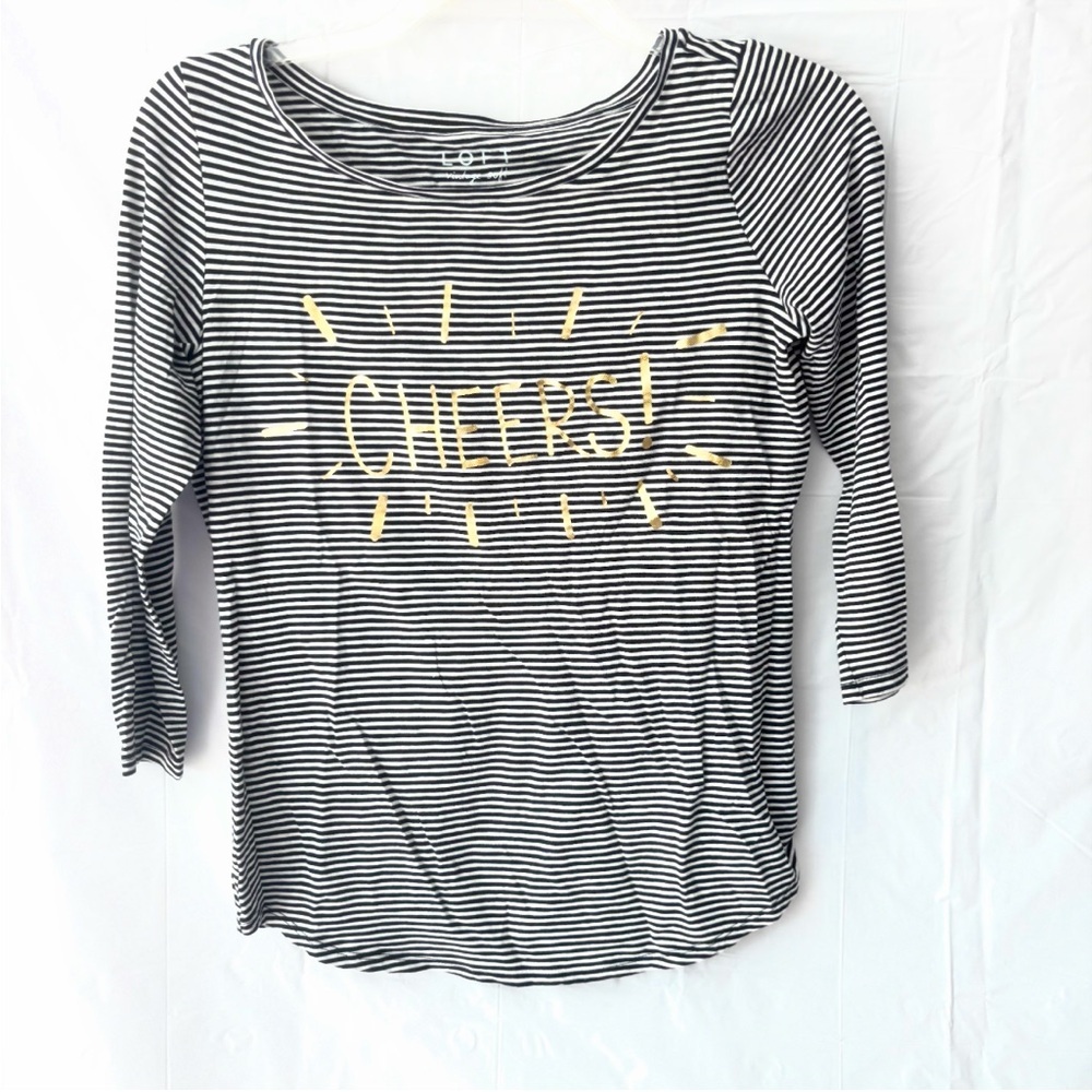 NWOT LOFT Vintage Soft CHEERS Black and White Fitted Striped Sleeve Tee SZ S